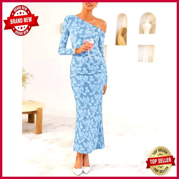 Floral Off Shoulder Bodycon Maxi Dress Elegant Cocktail Party Long Sleeve - Picture 2 of 7